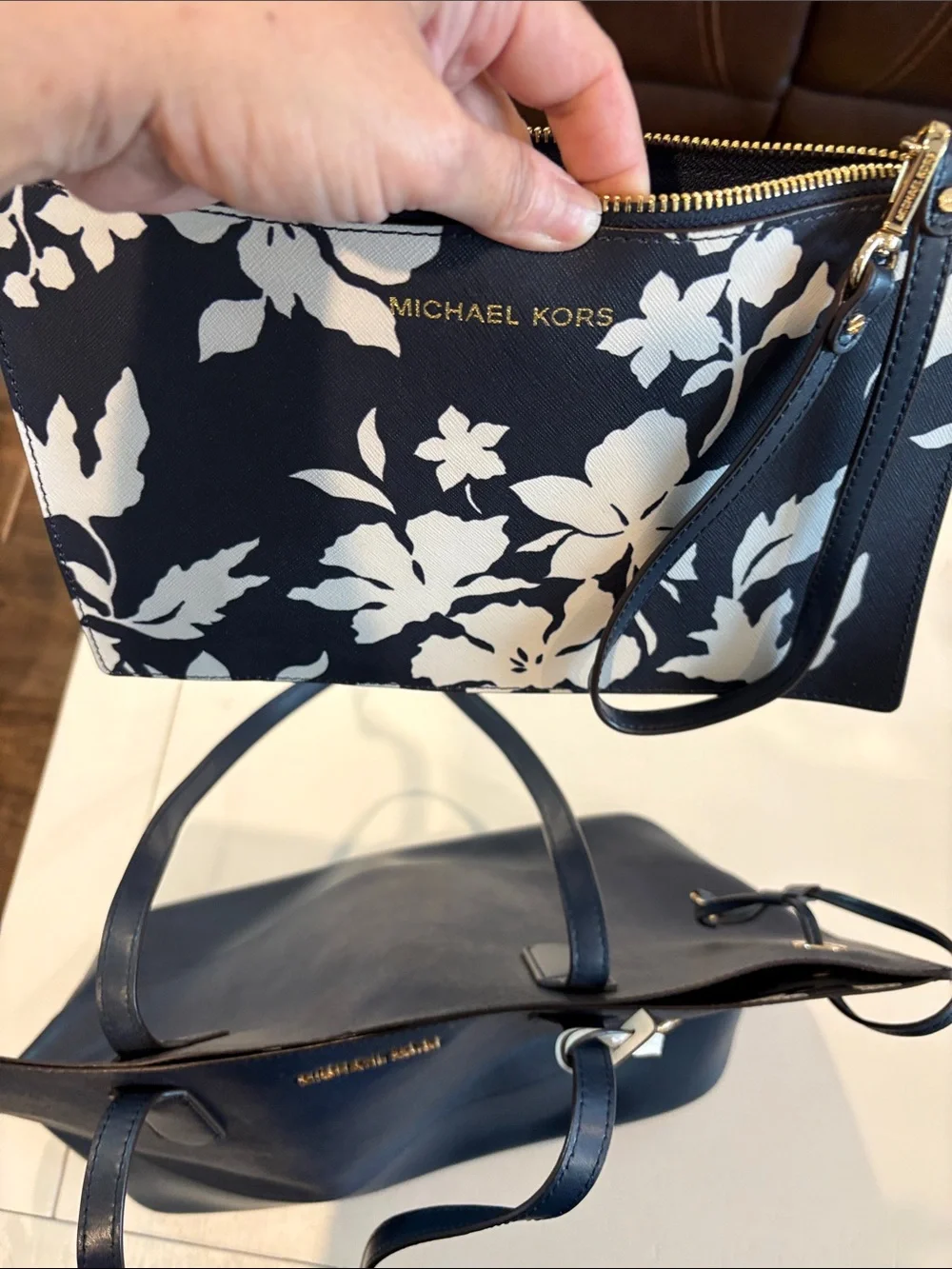 Michael Kors Navy Reversible Leather Tote with Floral Clutch Pouch - Picture 3 of 5